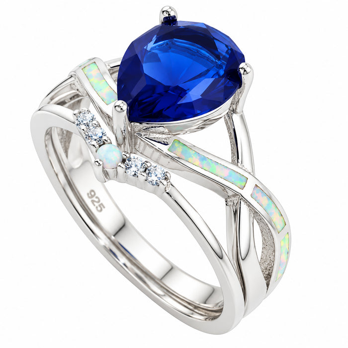 LaRaso & Co Sterling Silver 3 CT Blue Simulated Sapphire CZ White Opal CZ Wedding Ring Set