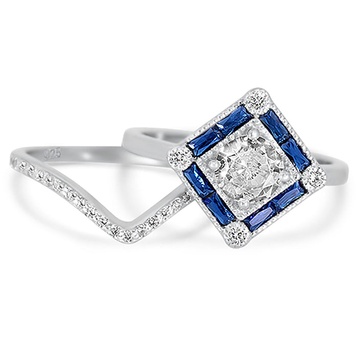 Simulated Blue Sapphire Art Deco Engagement  Wedding Bridal Set for Women Size 6