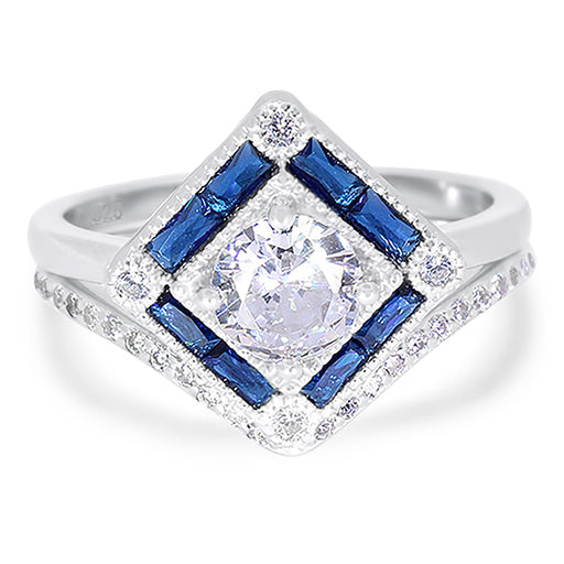 Simulated Blue Sapphire Art Deco Engagement  Wedding Bridal Set for Women Size 6