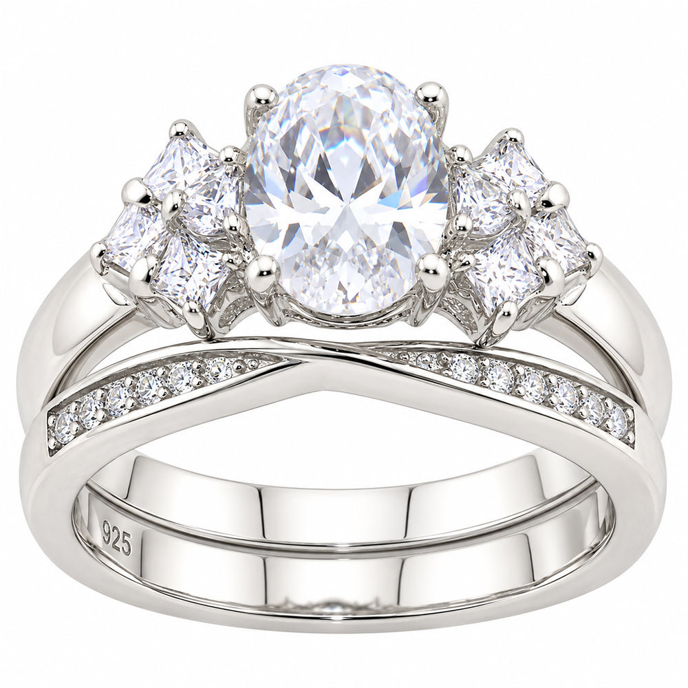 1 Carat Oval Cut CZ Wedding Engagement Ring Set Sterling Silver for Women