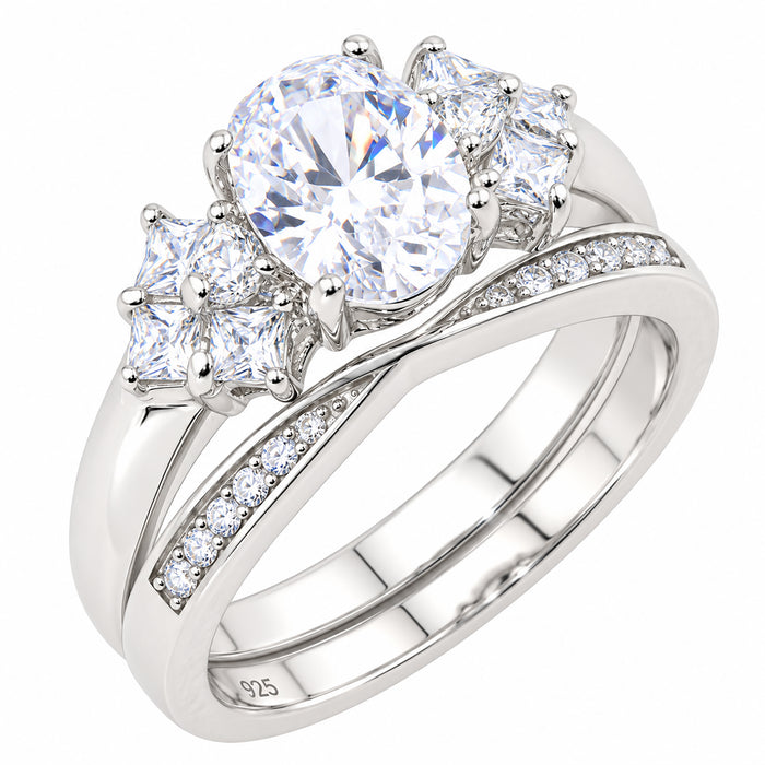 1 Carat Oval Cut CZ Wedding Engagement Ring Set Sterling Silver for Women