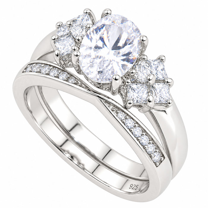 1 Carat Oval Cut CZ Wedding Engagement Ring Set Sterling Silver for Women