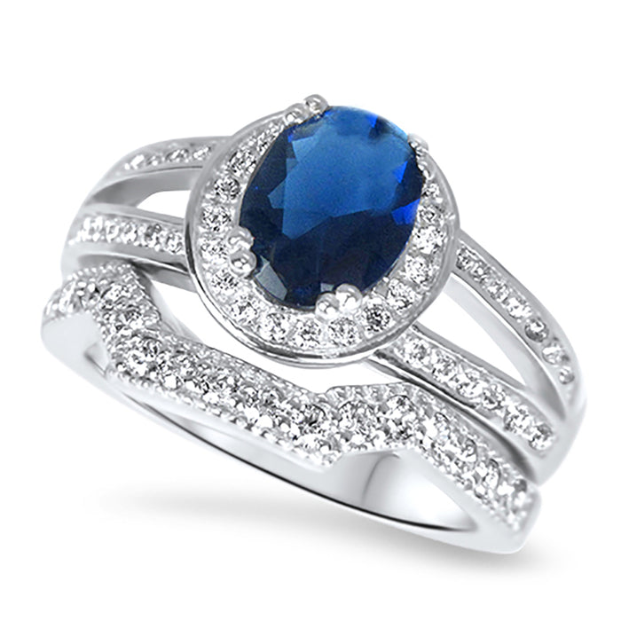 His and Her Simulated Blue Sapphire Sterling Silver Titanium Wedding Ring Set