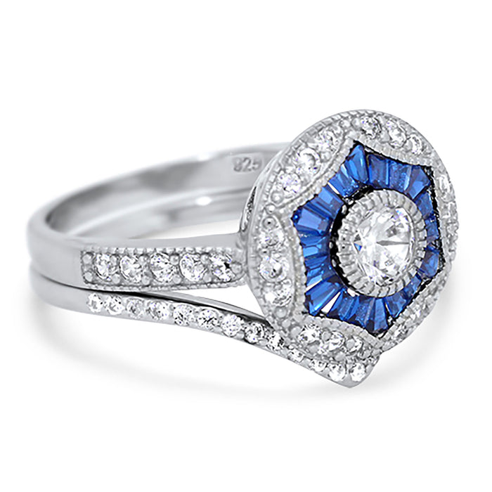 Simulated Blue Sapphire Engagement Wedding Bridal Set for Women Size 6