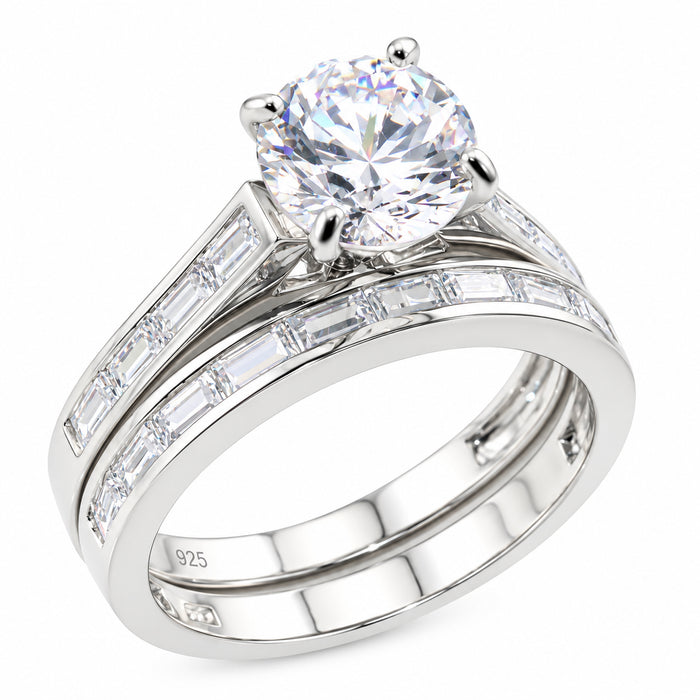 Sterling Silver Wedding Ring Set 1 Carat Round Brilliant Solitaire - Size 6 & 8 only