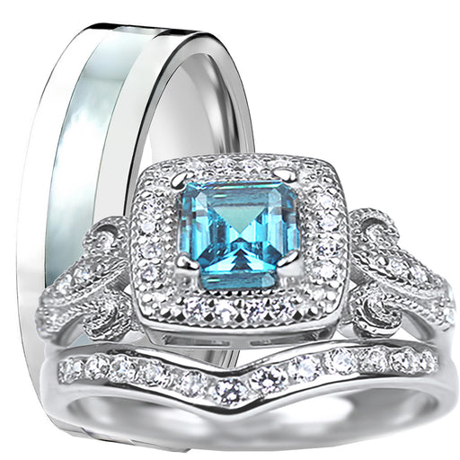 His and Her Wedding Ring Set Vintage Princess Cut Simulated Blue Topaz Silver Titanium