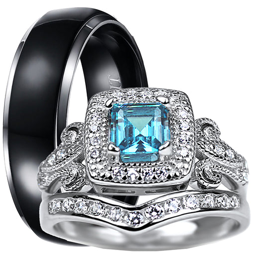 His and Her Wedding Ring Set Vintage Princess Cut Simulated Blue Topaz Silver Titanium