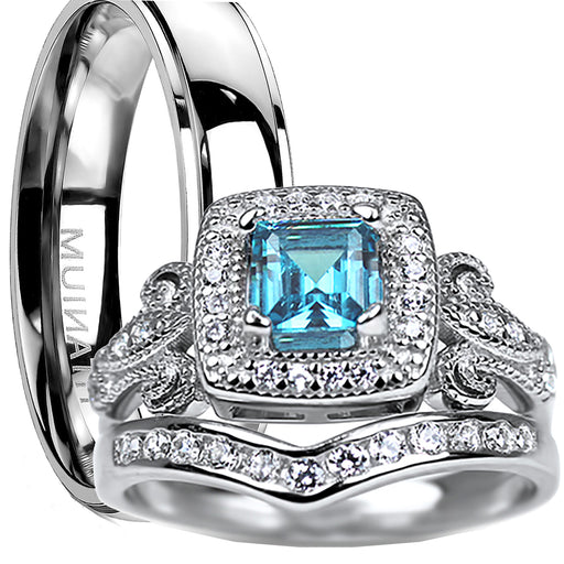 His and Her Wedding Ring Set Vintage Princess Cut Simulated Blue Topaz Silver Titanium