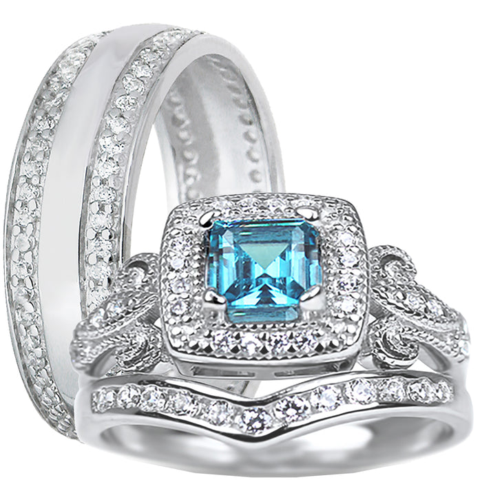 His and Her Wedding Ring Set Vintage Princess Cut Simulated Blue Topaz Sterling Silver