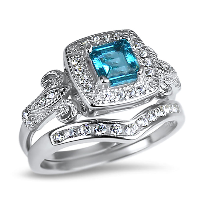 His and Her Wedding Ring Set Vintage Princess Cut Simulated Blue Topaz Sterling Silver