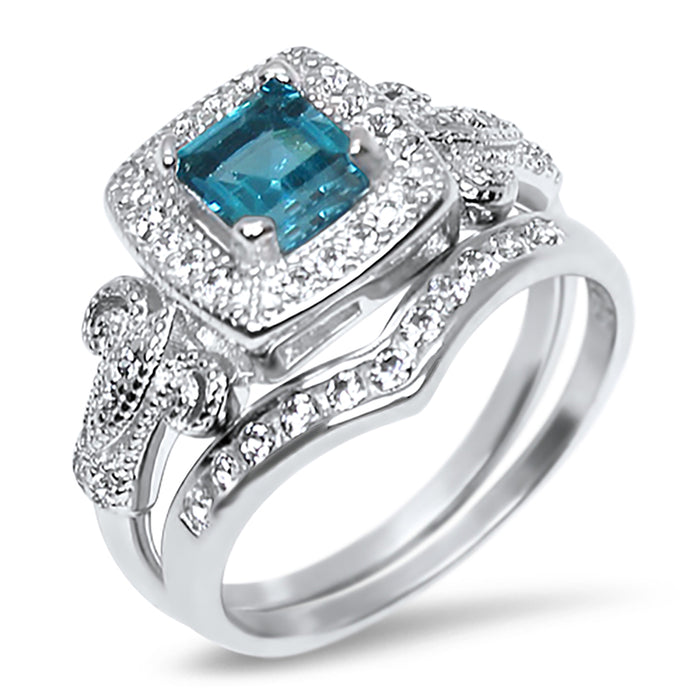 His and Her Wedding Ring Set Vintage Princess Cut Simulated Blue Topaz Silver Titanium