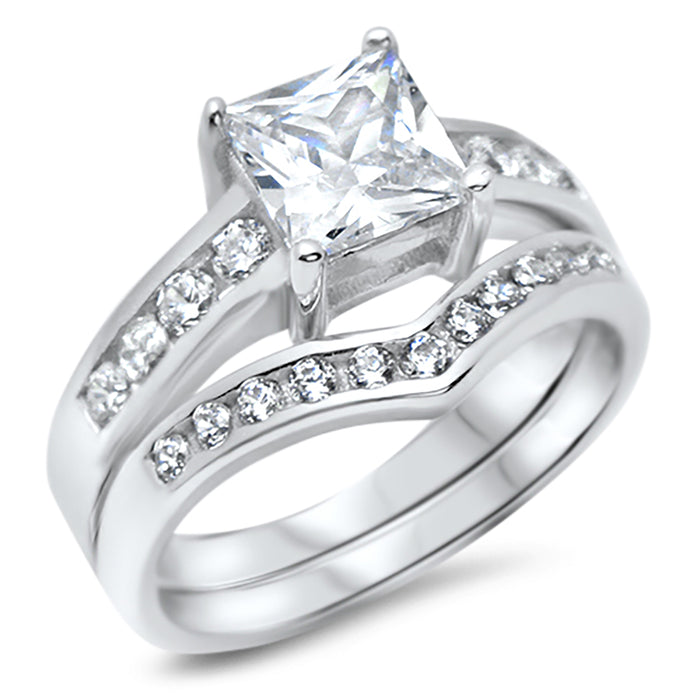 1 Carat Princess Cut CZ Silver Wedding & Engagement Ring Set Size 7