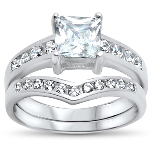 1 Carat Princess Cut CZ Silver Wedding & Engagement Ring Set Size 7