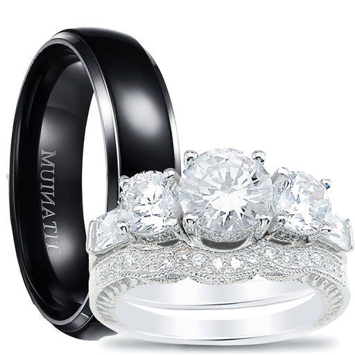 His Her TRIO Wedding Rings Set