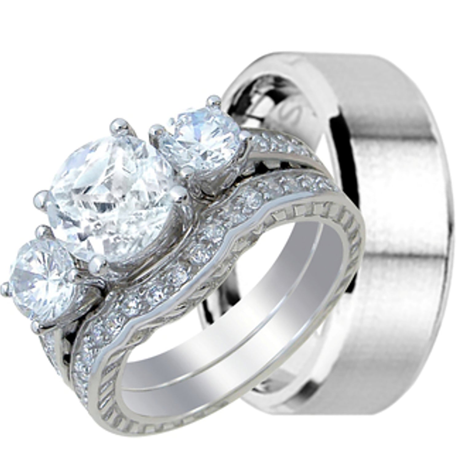 His Hers TRIO Wedding Engagement Ring Set