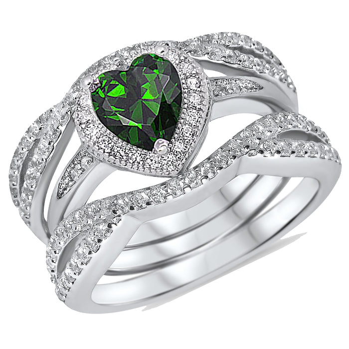 His and Her Simulated Emerald 3 Piece Wedding Engagement Rings Set Silver Titanium