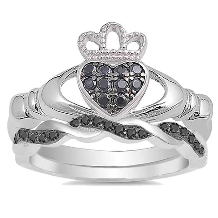 His and Her Black CZ Wedding Rings Set Claddagh Celtic Wedding Bands Women Men