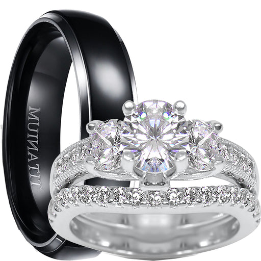 His Her Realistic Silver CZ Titanium Wedding Engagement Ring Set