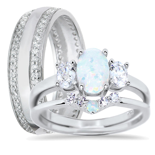 His Her White Opal Sterling Silver TRIO Wedding Ring Set