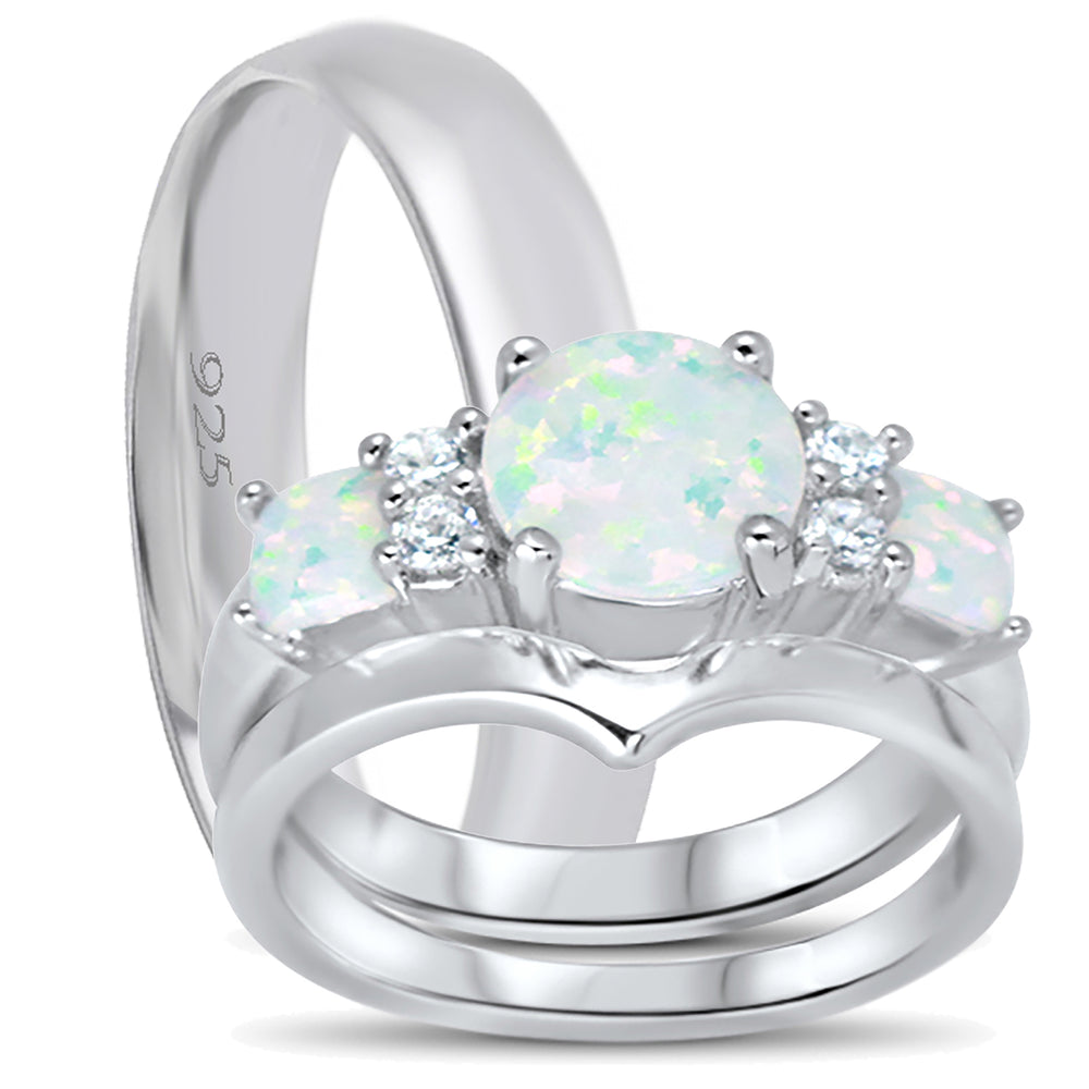 His and Her Wedding Ring Set TRIO Matching Couples Opal CZ Engagement Rings for Him Her 10/14