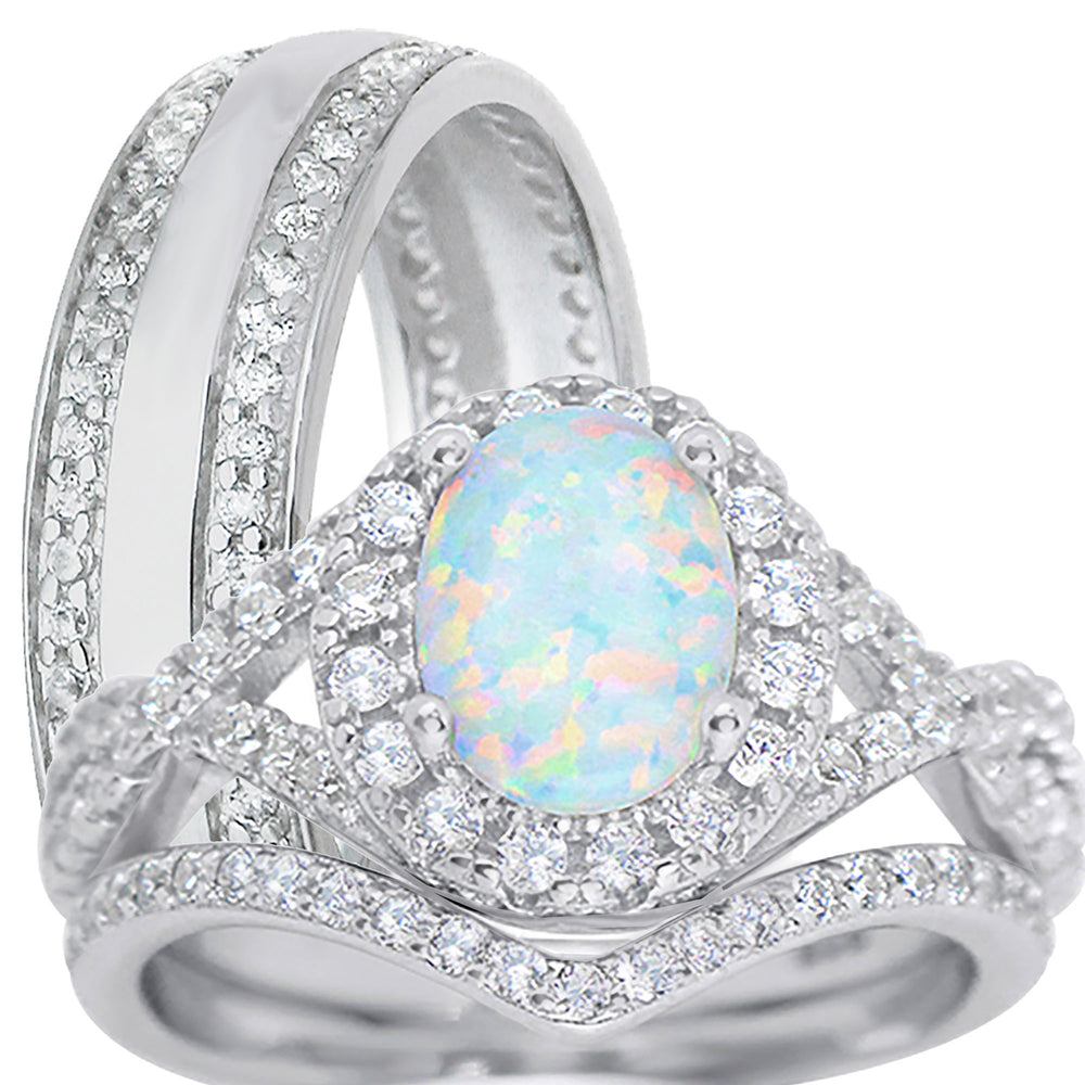 His and Hers Silver White Opal TRIO Wedding Ring Set