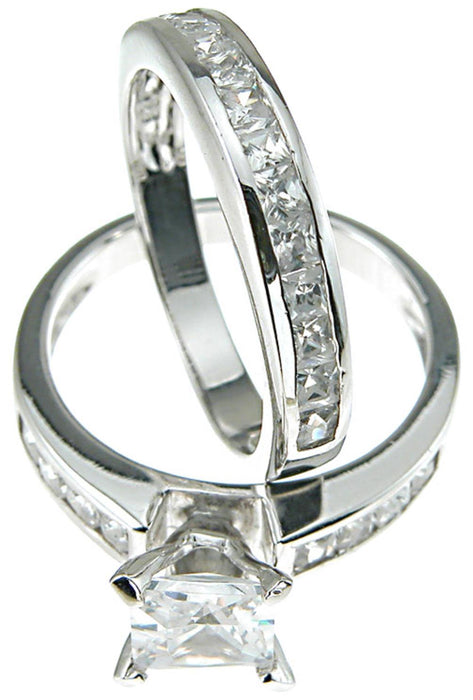 His and Her TRIO Wedding Ring Set Princess Cut CZ Silver Bridal Set Titanium Wedding Band