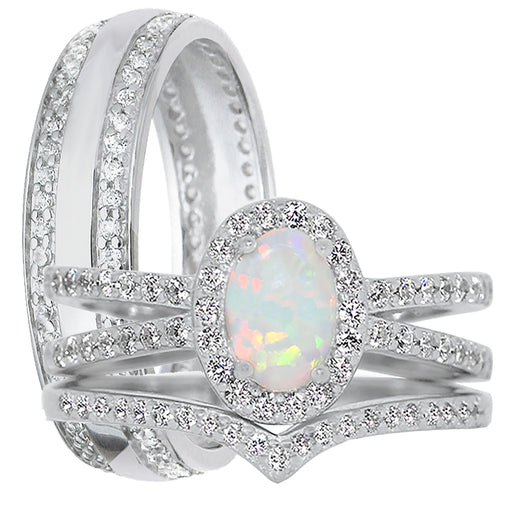 His and Her Wedding Ring Set Sterling Silver Opal