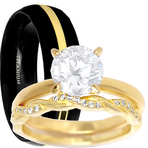 His Her Affordable TRIO Wedding Ring SetHis Her Wedding Set, Gold, White, Round Brilliant Cut, Solitaire