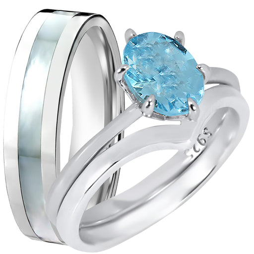 LaRaso & Co His Her Wedding Set White Opal Wedding Engagement Rings Bands Set Him Her