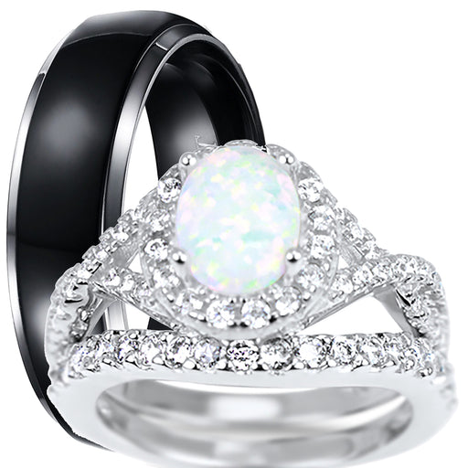 TRIO His Her Opal Silver Titanium Wedding Engagement Ring Set