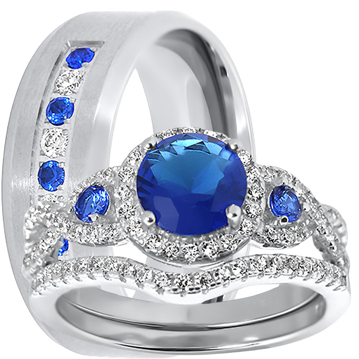 His Her Wedding Ring Set Blue Sapphire CZ Silver Bridal Engagement Set Titanium Wedding Band 10/10