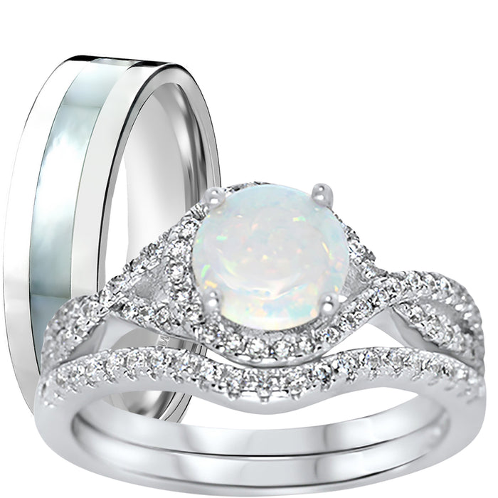 His Her Wedding Ring Set Sterling Silver Opal TRIO Set Him Her