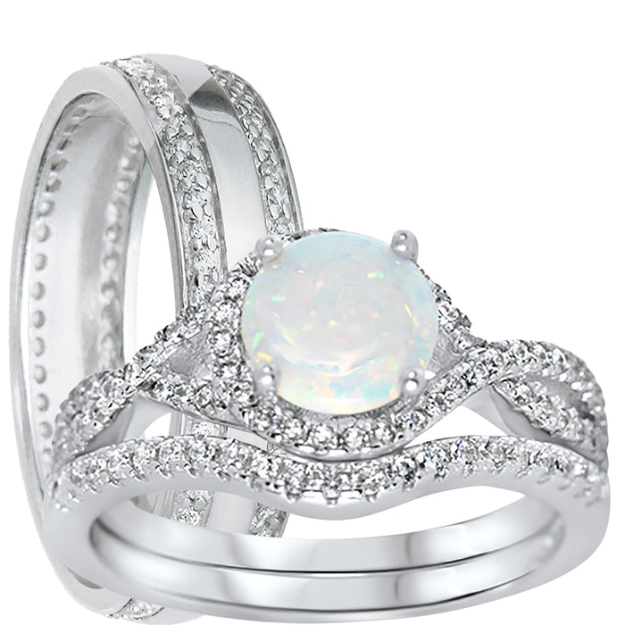 His and Her Wedding Rings Set Sterling Silver White Opal