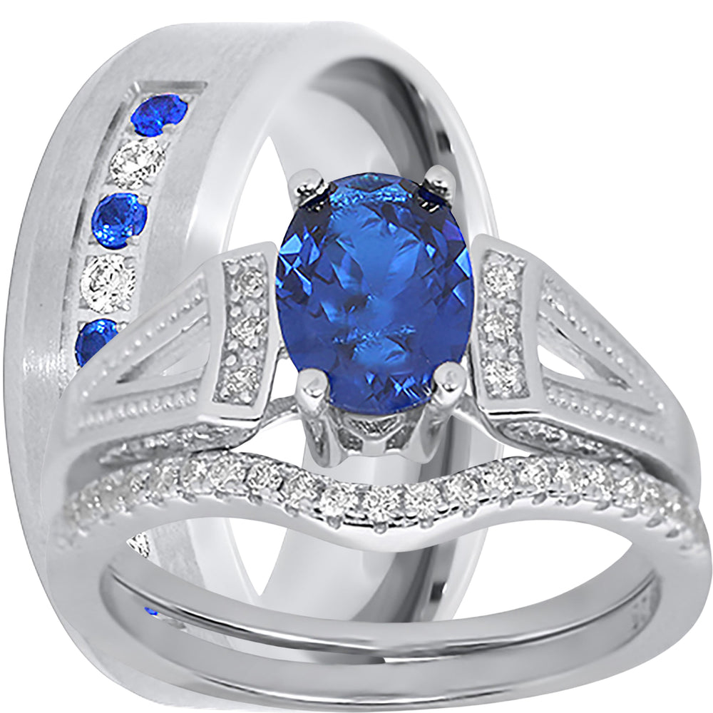 His and Her Wedding Set Blue Sapphire CZ Silver Bridal Engagement Set Titanium Wedding Band 10/10