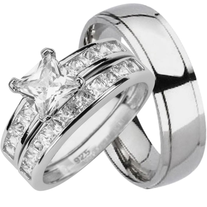 His Hers 1 Carat Princess Cut CZ 3 PCS Wedding Engagement Ring Set Silver Titanium