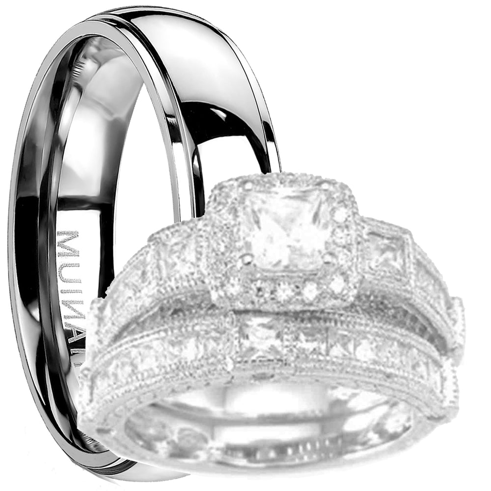 His Her Silver Titanium Wedding Ring Set
