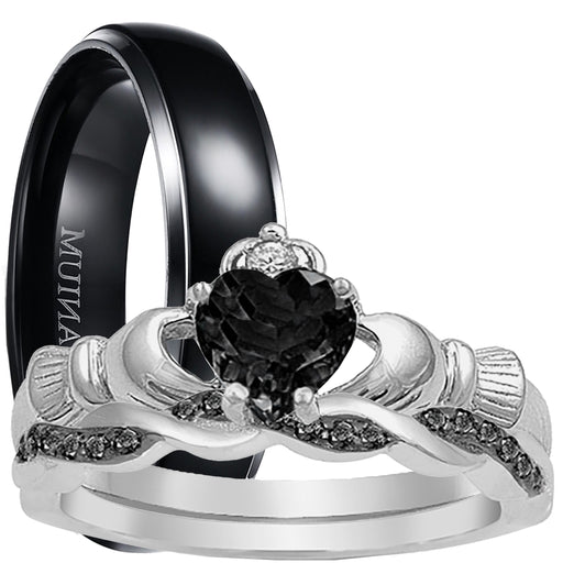 LaRaso & Co His Her 3 Piece Trio Celtic Claddagh Black Wedding Band Engagement Ring Set