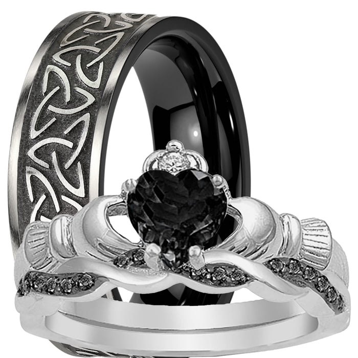 His Hers Wedding Set Black Diamond CZ Celtic Claddagh Bridal Couples Engagement Rings