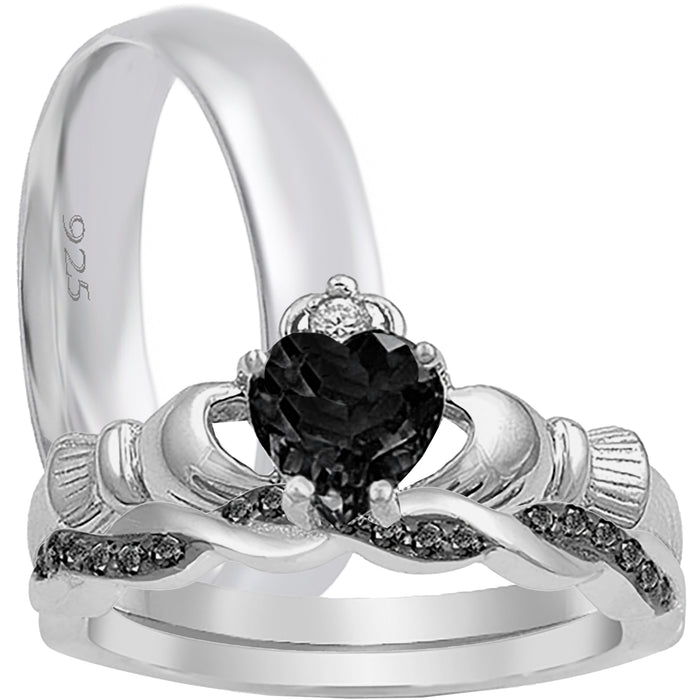 His and Her Black Wedding Engagement Ring Set Celtic Style Bands Him Her
