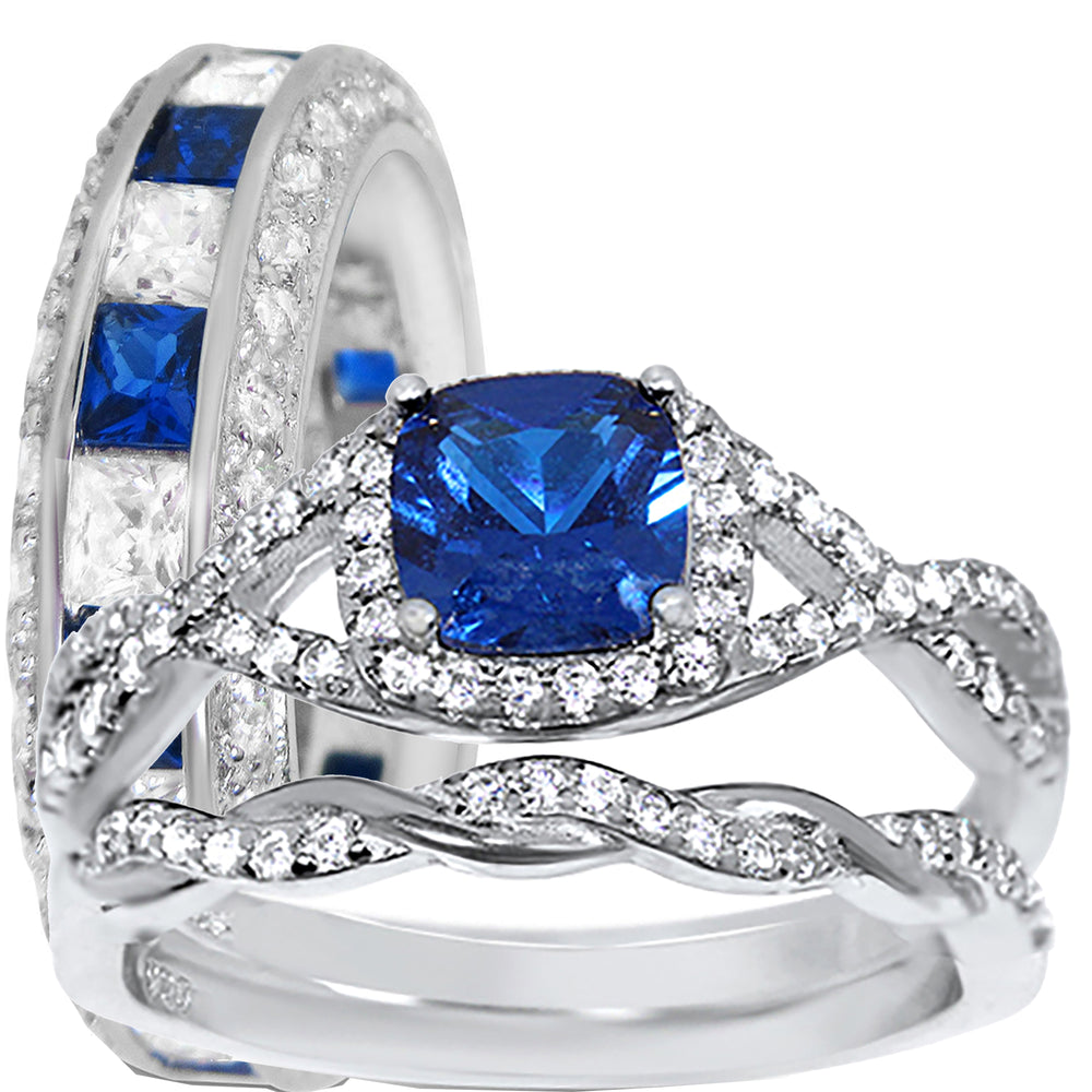 His and Her Blue TRIO Wedding Ring Set