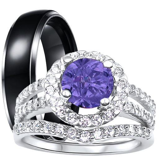 His and Her Wedding Rings, Purple CZ Black Silver Wedding Engagement Couples Rings Set