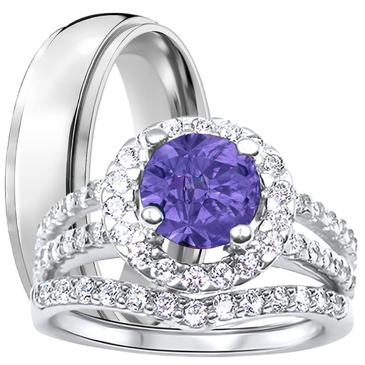 His and Her Wedding Rings, Purple CZ Silver Titanium Wedding Engagement Couples Rings Set