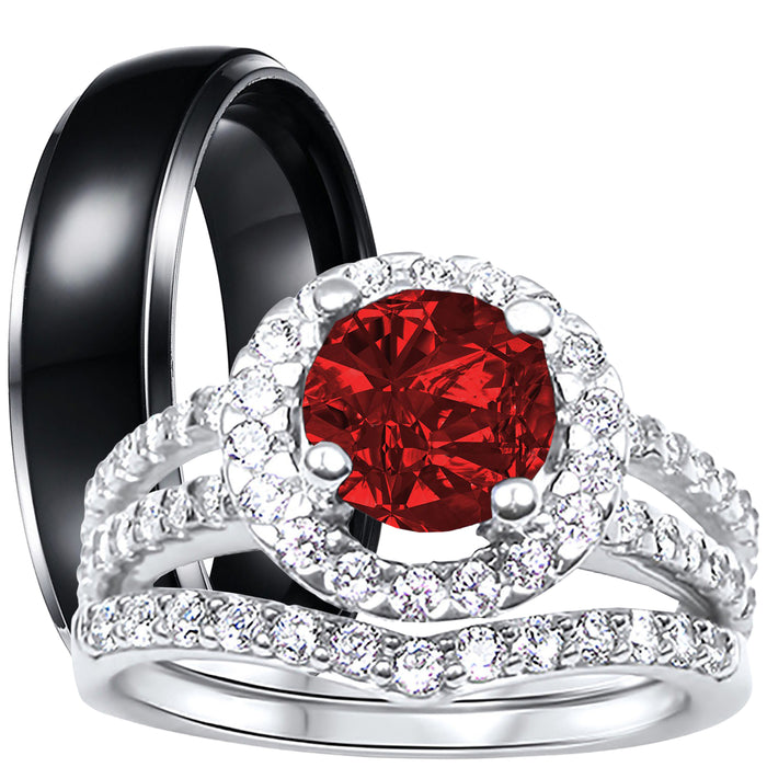 His and Her Wedding Rings, Ruby Red CZ Black Silver Wedding Engagement Couples Rings Set