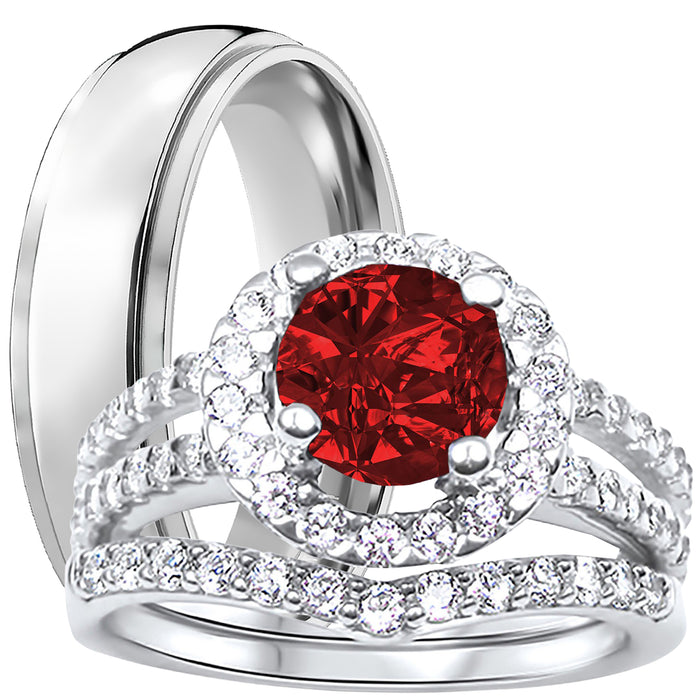 His and Her Wedding Rings, Ruby Red CZ Silver Titanium Wedding Engagement Couples Rings Set