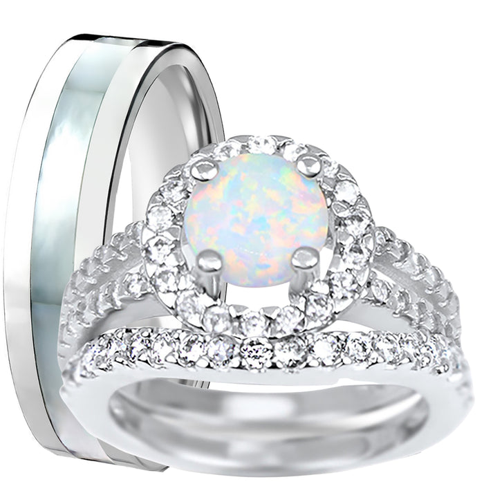 LaRaso Co His Her Opal Wedding Ring Set 3 PCS TRIO Silver Titanium Couples Bands