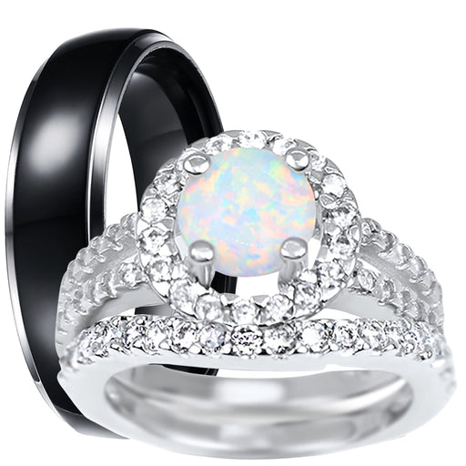 His and Her Wedding Rings, White Opal Black Silver Wedding Engagement Couples Rings Set