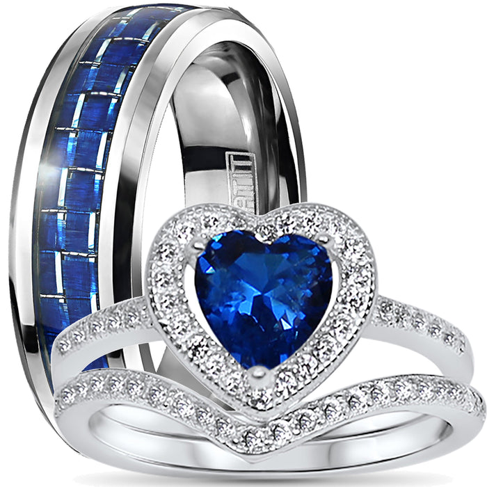 His Her Silver Titanium TRIO Wedding Engagement Rings Set
