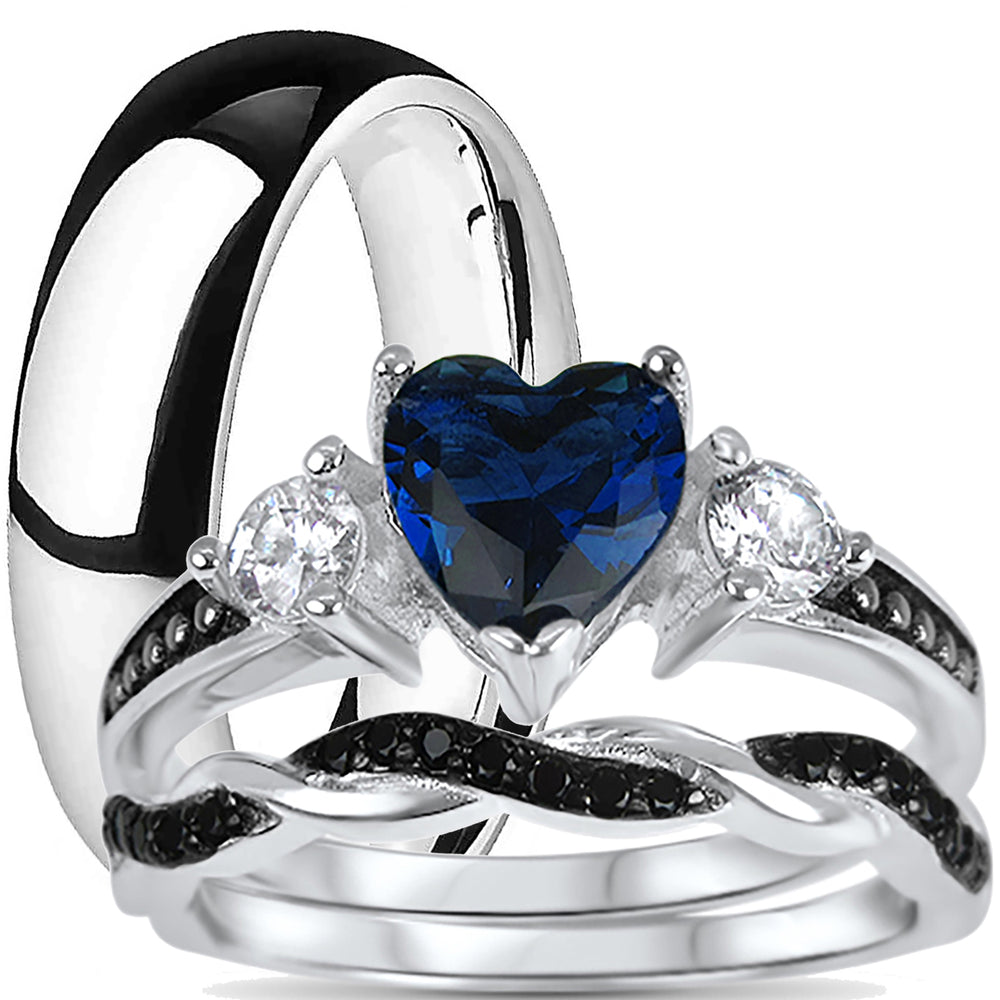 His Her Unique Silver Titanium Wedding Ring Set