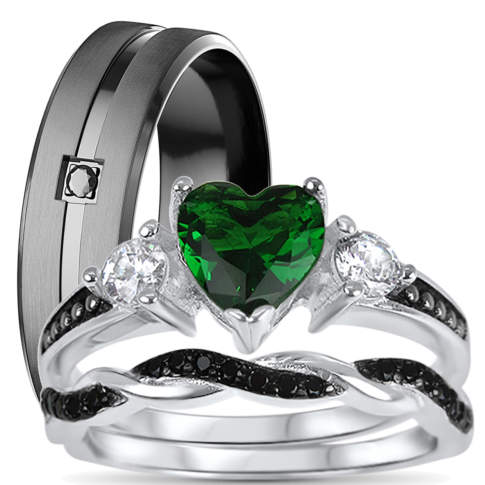 Black Green His Her Wedding Ring Set Matching Bands Him Her