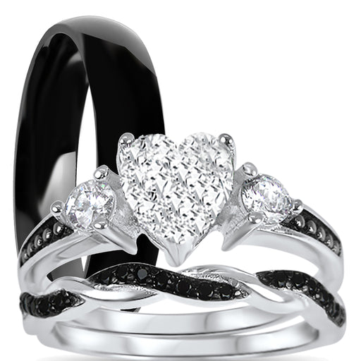 His Hers Silver Titanium TRIO Wedding Engagement Ring Set